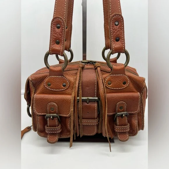 ROOTS VINTAGE Cognac Brown Leather Mini Emily Tassel Double Handles Shoulder Bag - Picture 7 of 16